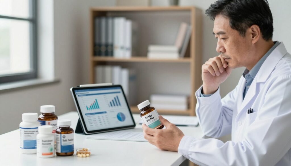 A professional office setting is depicted, focusing on a well-organized desk filled with dietary supplements in sleek, modern containers. In the foreground, a middle-aged Asian man in a white lab coat examines a bottle labeled "Safety Profile," with a thoughtful expression on his face. In the middle ground, a digital tablet displays graphs and data on supplement safety and potential side effects. To the background, shelves are lined with books on health and nutrition, softly illuminated by natural light streaming in from a nearby window, creating a calm and serious atmosphere. The overall tone combines professionalism with an informative feel, emphasizing the importance of safety in supplement use.