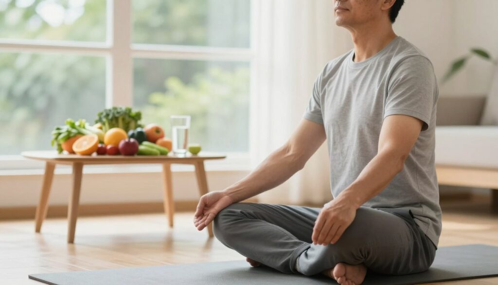 A serene and healthy lifestyle scene focused on prostate health and wellness. In the foreground, a mature man wearing smart-casual attire is practicing yoga on a soft mat, radiating calm and concentration. In the middle ground, a small table displays fresh fruits, vegetables, and a glass of water, symbolizing nutritious choices. In the background, a bright, airy room with large windows showcases greenery outside, representing a connection with nature. Natural light floods the space, creating a warm and inviting atmosphere, emphasizing wellbeing. The angle captures a close-up of the man in yoga pose, with a softly focused background of healthy lifestyle elements, conveying a message of health, vitality, and balance.